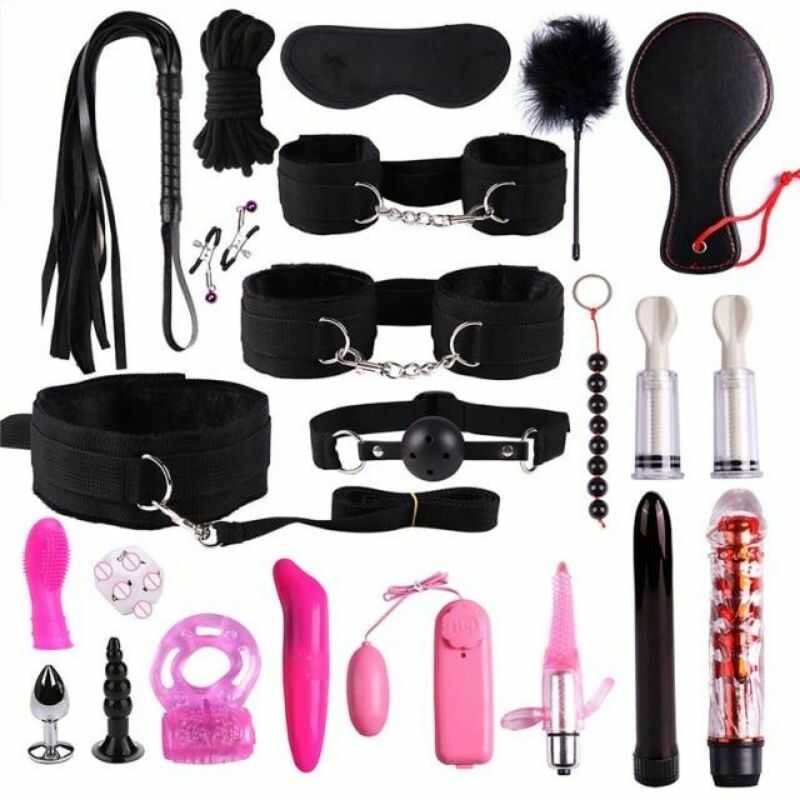 Black 22-piece BDSM kit with coordinated bondage gear