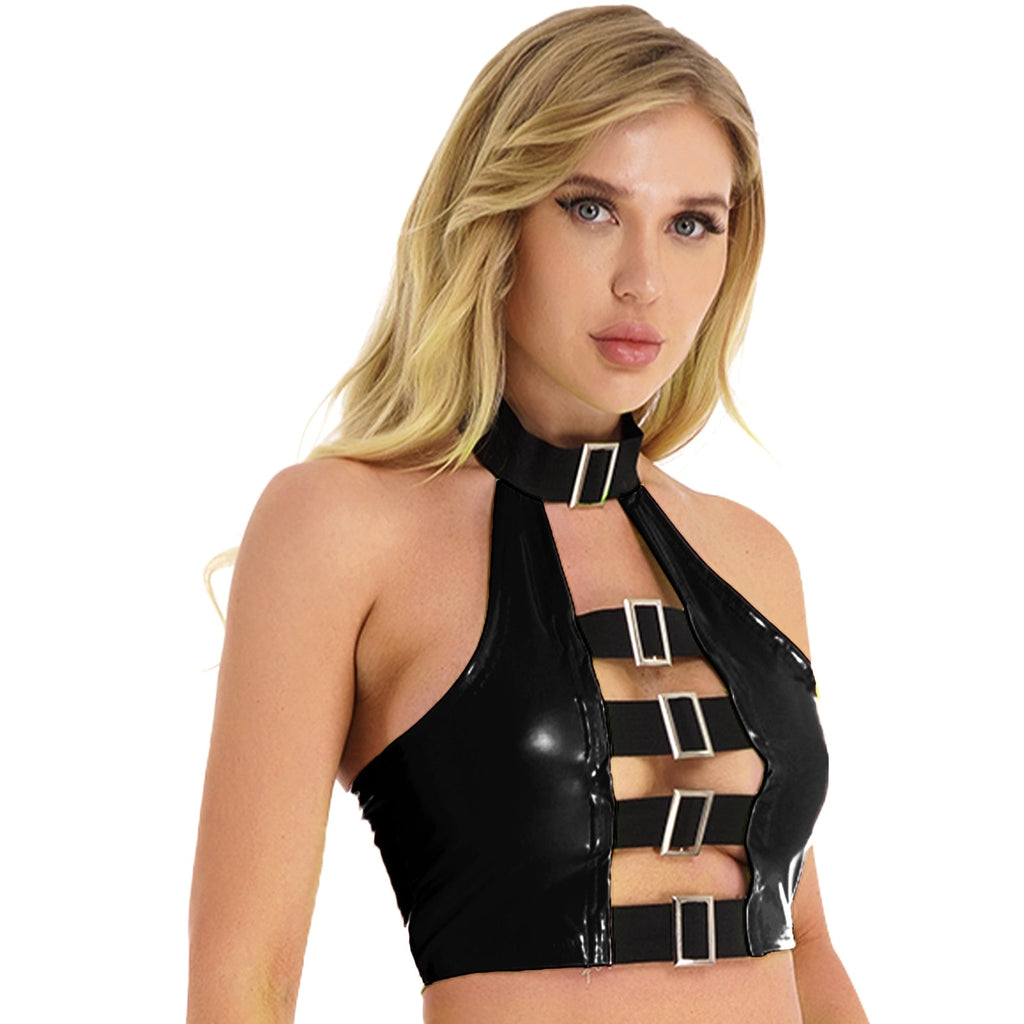 Winylowy crop top z odkrytymi plecami i klamrami — widok produktu 5