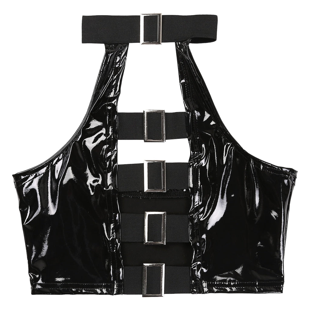 Winylowy crop top z odkrytymi plecami i klamrami — widok produktu 4