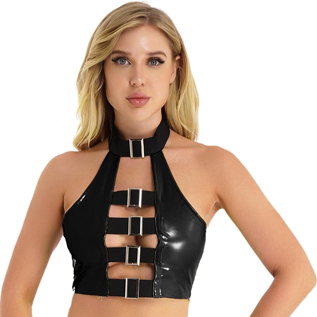 Winylowy crop top z odkrytymi plecami i klamrami — zdjęcie produktu