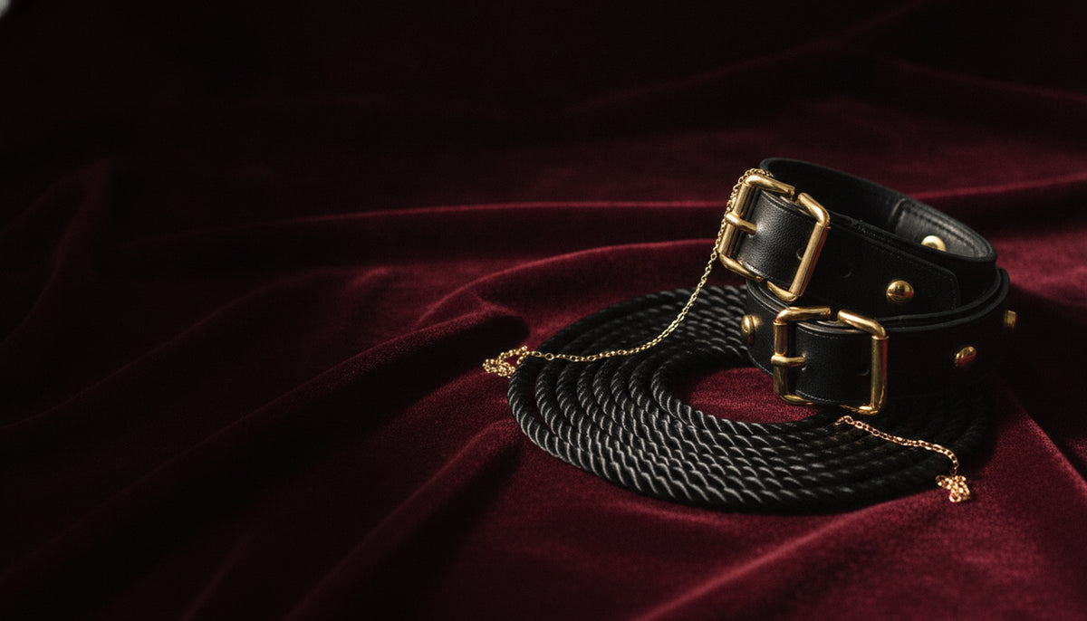 Black leather bondage cuffs with gold buckles and silk rope on burgundy velvet
