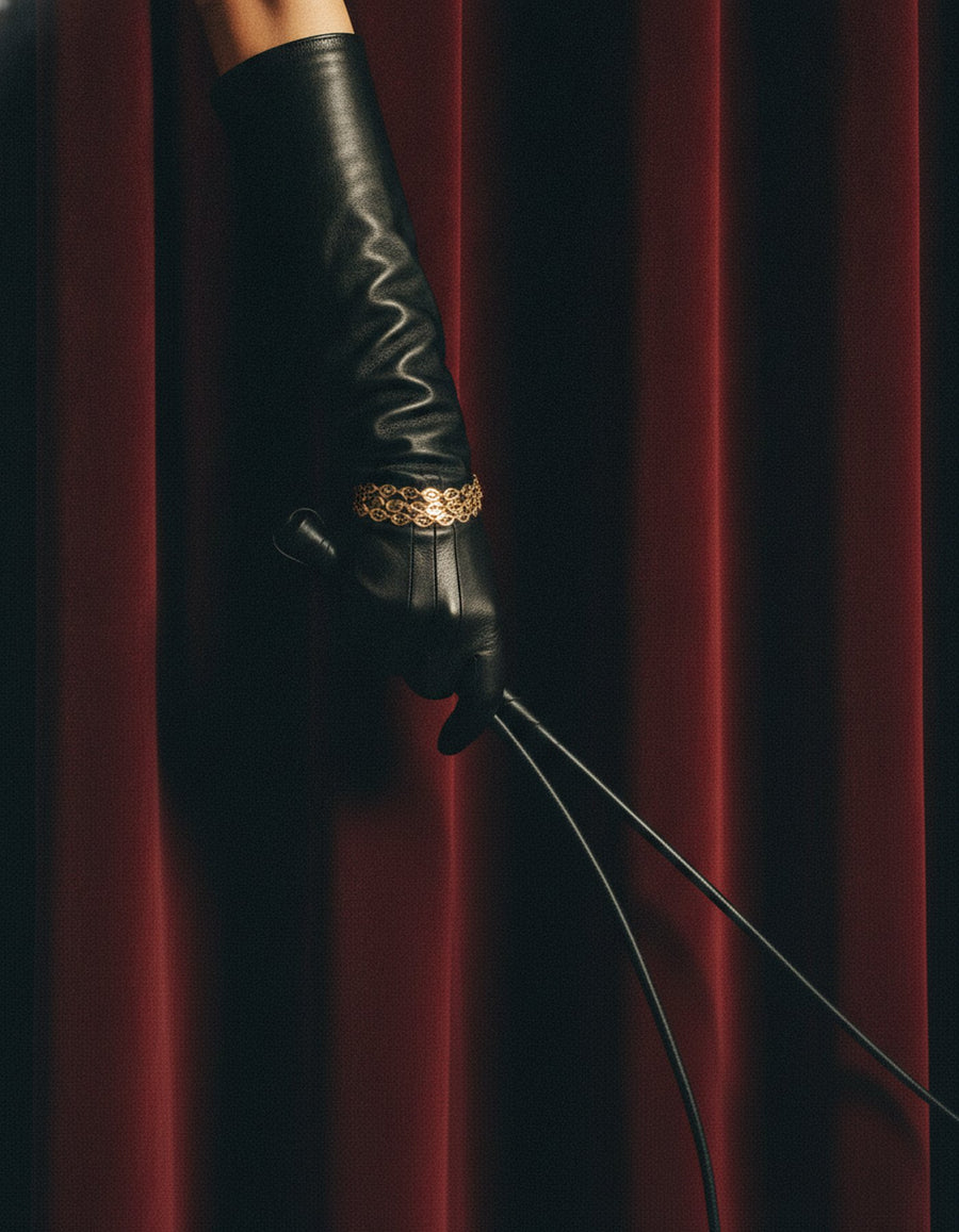 Hand in a black leather opera glove holding a riding crop