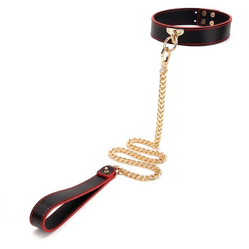 Choker BDSM con bottoni automatici dorati e guinzaglio a catena — immagine prodotto