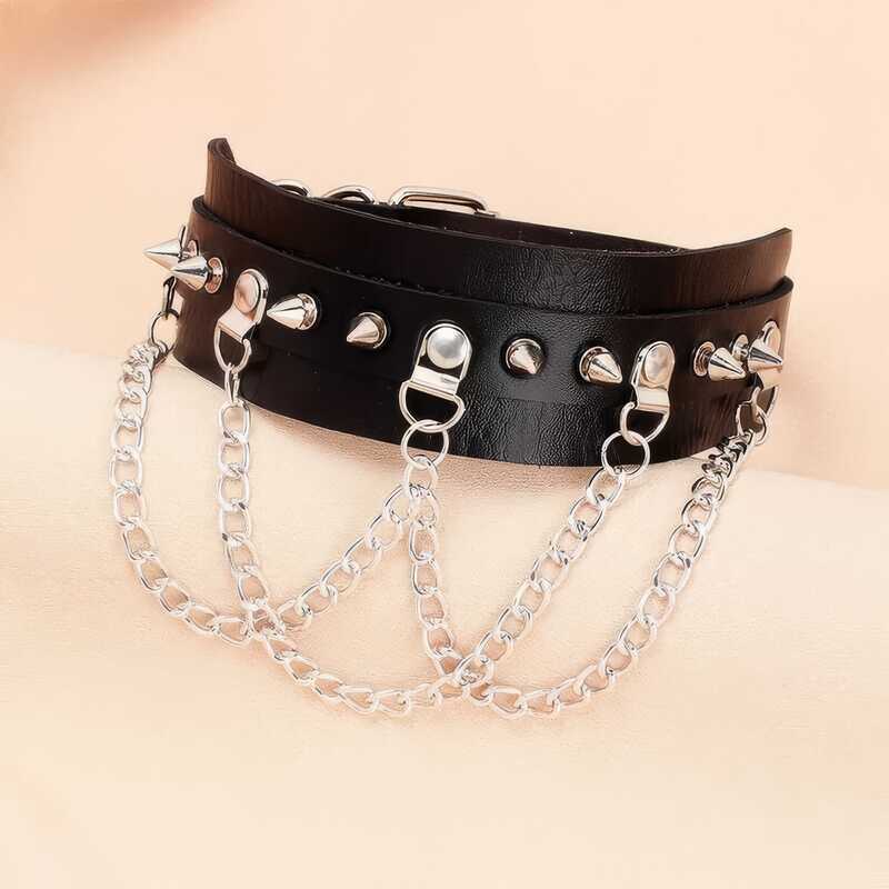 Choker BDSM gotico con borchie e catene a drappeggio — vista prodotto 4