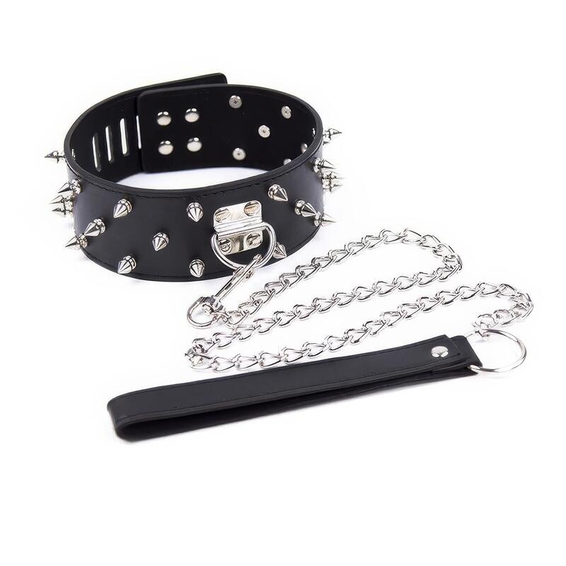 Choker BDSM Borchiato a Doppia Fila con Guinzaglio a Catena — immagine prodotto