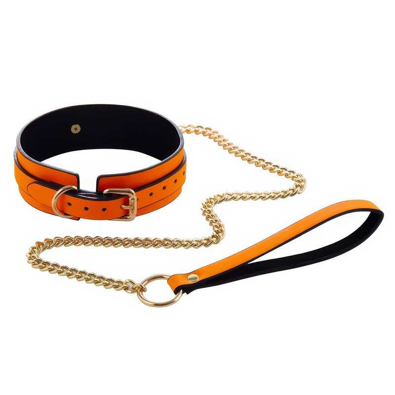 Choker BDSM fosforescente con guinzaglio a catena dorata — vista prodotto 7