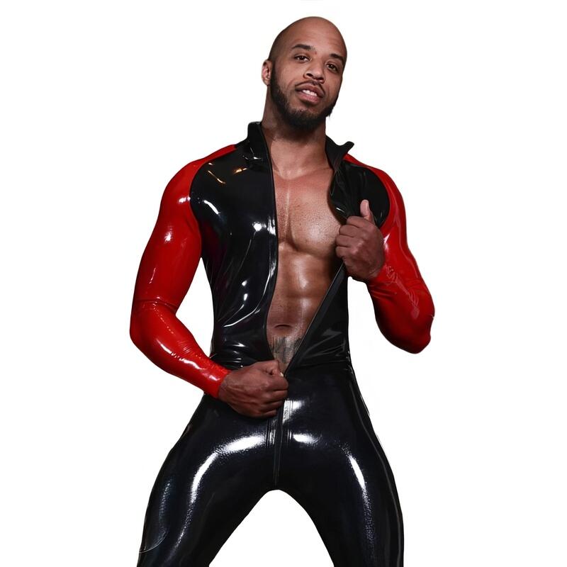 Miesten musta ja punainen latex kissapuku — tuotekuva