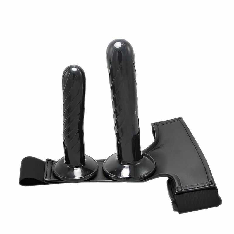 Czarne dwustronne wibrujące dildo strap-on — widok produktu 2