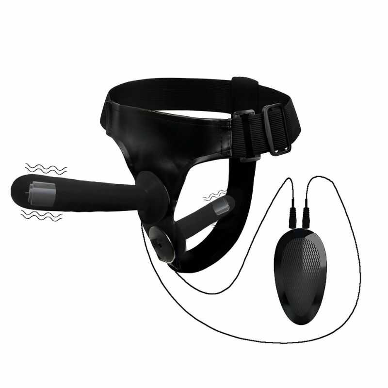 Double-Ended Black Vibrating Strap-On Dildo — product image
