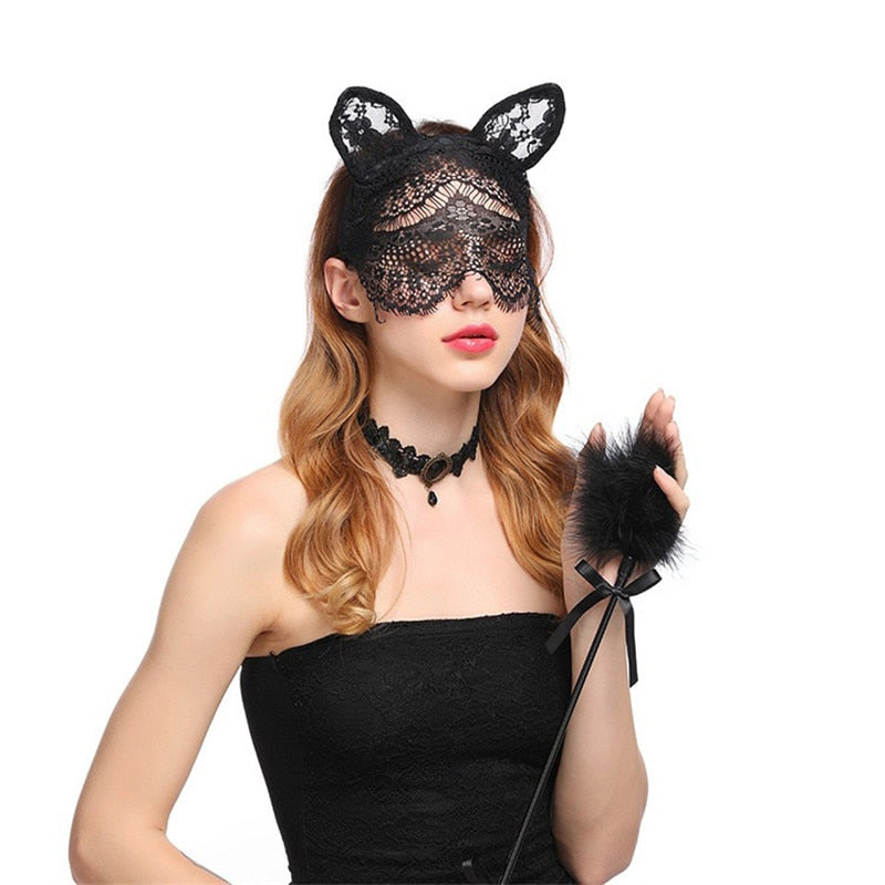 Maschera Bondage a Pizzo Trasparente con Orecchie da Gatto — vista prodotto 3